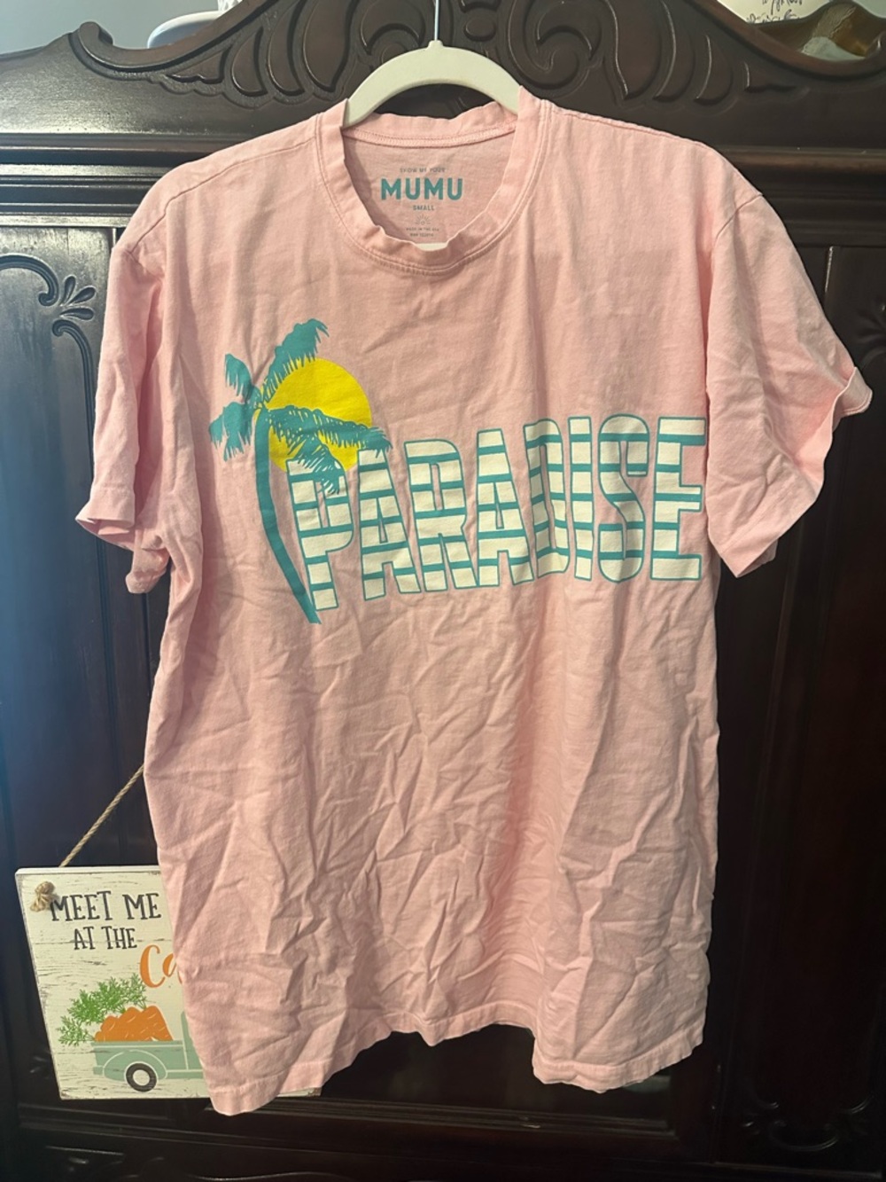 Show Me Your MuMu Pink 'Paradise' Graphic Tee with Yellow & Teal Print